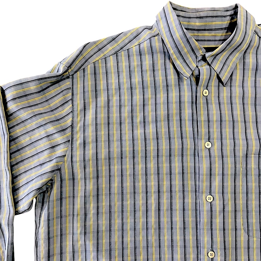 BUGATCHI MENS BUTTON DOWN LONG SLEEVE BLUE YELLOW STRIPED DRESS SHIRT SIZE LARGE